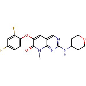 Chemical structure of 6-(2,4-Difluorophenoxy)-8-methyl-2-((tetrahydro-2H-pyran-4-yl)amino)pyrido[2,3-d]pyrimidin-7(8H)-one , CAS 449811-92-1, AChemBlock O32755