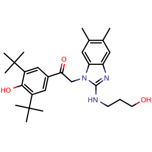 Chemical structure of 1-(3,5-Di-tert-butyl-4-hydroxyphenyl)-2-(2-(3-hydroxypropylamino)-5,6-dimethyl-1H-benzo[d]imidazol-1-yl)ethanone , CAS 758679-97-9, AChemBlock O32762
