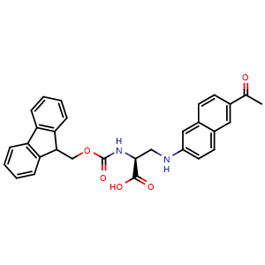 Chemical structure of (S)-2-((((9H-Fluoren-9-yl)methoxy)carbonyl)amino)-3-((6-acetylnaphthalen-2-yl)amino)propanoic acid , CAS 2119569-23-0, AChemBlock O32764