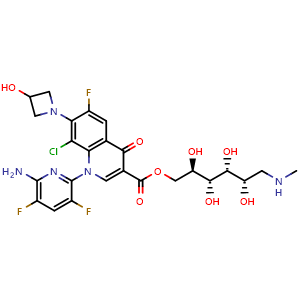 Chemical structure of (2R,3R,4R,5S)-2,3,4,5-Tetrahydroxy-6-(methylamino)hexyl 1-(6-amino-3,5-difluoropyridin-2-yl)-8-chloro-6-fluoro-7-(3-hydroxyazetidin-1-yl)-4-oxo-1,4-dihydroquinoline-3-carboxylate , CAS 352458-37-8, AChemBlock O32767