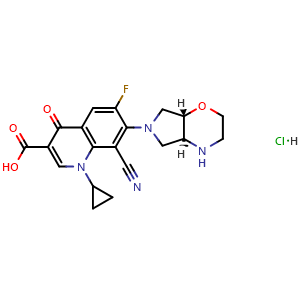 Chemical structure of 8-Cyano-1-cyclopropyl-6-fluoro-7-((4aS,7aS)-hexahydropyrrolo[3,4-b][1,4]oxazin-6(2H)-yl)-4-oxo-1,4-dihydroquinoline-3-carboxylic acid hydrochloride , CAS 209342-41-6, AChemBlock O32772