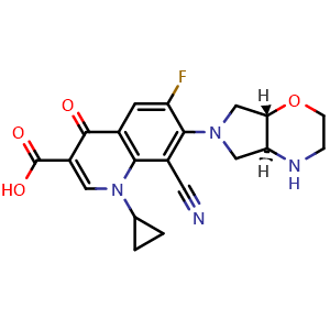 Chemical structure of 8-Cyano-1-cyclopropyl-6-fluoro-7-((4aS,7aS)-hexahydropyrrolo[3,4-b][1,4]oxazin-6(2H)-yl)-4-oxo-1,4-dihydroquinoline-3-carboxylic acid , CAS 209342-40-5, AChemBlock O32773