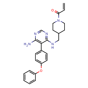 Chemical structure of 1-(4-(((6-Amino-5-(4-phenoxyphenyl)pyrimidin-4-yl)amino)methyl)piperidin-1-yl)prop-2-en-1-one , CAS 1415823-73-2, AChemBlock O32793