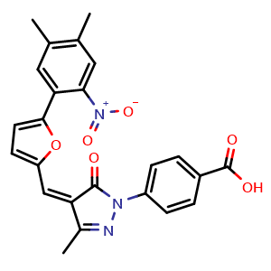 Chemical structure of (Z)-4-(4-((5-(4,5-Dimethyl-2-nitrophenyl)furan-2-yl)methylene)-3-methyl-5-oxo-4,5-dihydro-1H-pyrazol-1-yl)benzoic acid , CAS 328968-36-1, AChemBlock O32800