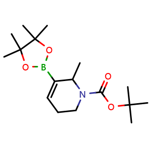 Chemical structure of tert-butyl 6-methyl-5-(4,4,5,5-tetramethyl-1,3,2-dioxaborolan-2-yl)-1,2,3,6-tetrahydropyridine-1-carboxylate , CAS 2304631-43-2, AChemBlock O32950