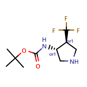 Chemical structure of tert-butyl N-[trans-4-(trifluoromethyl)pyrrolidin-3-yl]carbamate , CAS 168544-95-4, AChemBlock O32960