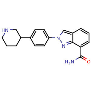 Chemical structure of 2-[4-(piperidin-3-yl)phenyl]-2H-indazole-7-carboxamide , CAS 1038915-75-1, AChemBlock O33002