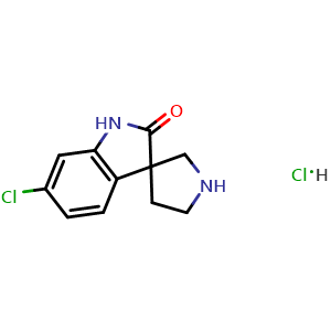 Chemical structure of 6-chloro-1,2-dihydrospiro[indole-3,3'-pyrrolidin]-2-one hydrochloride , CAS 2173991-58-5, AChemBlock O33039