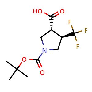 Chemical structure of (3R,4R)-1-[(tert-butoxy)carbonyl]-4-(trifluoromethyl)pyrrolidine-3-carboxylic acid , CAS 1808807-76-2, AChemBlock O33052