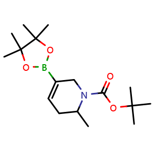 Chemical structure of tert-butyl 2-methyl-5-(4,4,5,5-tetramethyl-1,3,2-dioxaborolan-2-yl)-1,2,3,6-tetrahydropyridine-1-carboxylate , CAS 2304631-77-2, AChemBlock O33055