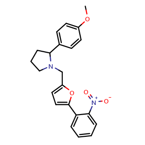 Chemical structure of 2-(4-methoxyphenyl)-1-{[5-(2-nitrophenyl)furan-2-yl]methyl}pyrrolidine , CAS 1019158-02-1, AChemBlock O33115