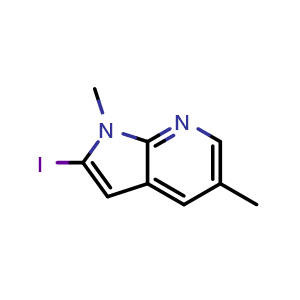 Chemical structure of 2-iodo-1,5-dimethyl-1H-pyrrolo[2,3-b]pyridine , CAS 2173991-62-1, AChemBlock O33135