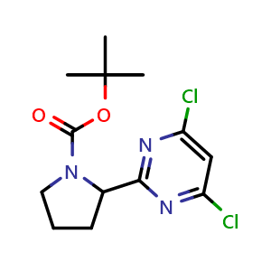 Chemical structure of tert-butyl 2-(4,6-dichloropyrimidin-2-yl)pyrrolidine-1-carboxylate , CAS 2080361-24-4, AChemBlock O33141