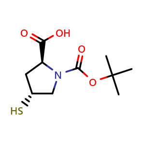 Chemical structure of (2S,4R)-1-[(tert-butoxy)carbonyl]-4-sulfanylpyrrolidine-2-carboxylic acid , CAS 958879-77-1, AChemBlock O33142