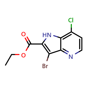 Chemical structure of ethyl 3-bromo-7-chloro-1H-pyrrolo[3,2-b]pyridine-2-carboxylate , CAS 1419101-12-4, AChemBlock O33172