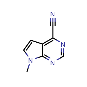 Chemical structure of 7-methyl-7H-pyrrolo[2,3-d]pyrimidine-4-carbonitrile , CAS 1638771-56-8, AChemBlock O33178