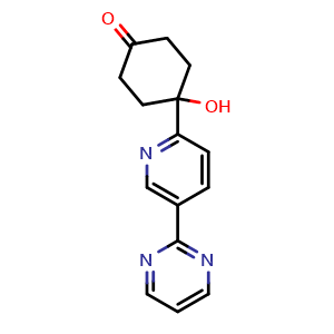 Chemical structure of 4-hydroxy-4-[5-(pyrimidin-2-yl)pyridin-2-yl]cyclohexan-1-one , CAS 857651-06-0, AChemBlock O33179