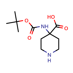 Chemical structure of 4-{[(tert-butoxy)carbonyl]amino}piperidine-4-carboxylic acid , CAS 252720-31-3, AChemBlock O33275