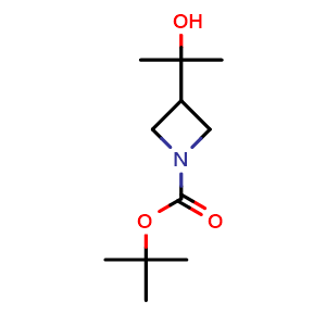 Chemical structure of tert-butyl 3-(2-hydroxypropan-2-yl)azetidine-1-carboxylate , CAS 1257293-79-0, AChemBlock O33296