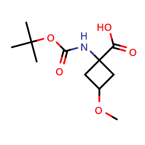 Chemical structure of 1-{[(tert-butoxy)carbonyl]amino}-3-methoxycyclobutane-1-carboxylic acid , CAS 1700442-25-6, AChemBlock O33355