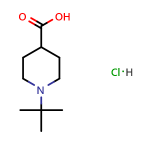 Chemical structure of 1-tert-butylpiperidine-4-carboxylic acid hydrochloride , CAS 2173991-95-0, AChemBlock O33389