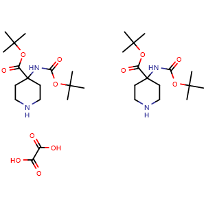 Chemical structure of oxalic acid; bis(tert-butyl 4-{[(tert-butoxy)carbonyl]amino}piperidine-4-carboxylate) , CAS 2173992-44-2, AChemBlock O33504