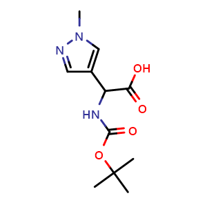 Chemical structure of 2-{[(tert-butoxy)carbonyl]amino}-2-(1-methyl-1H-pyrazol-4-yl)acetic acid , CAS 1394970-92-3, AChemBlock O33535