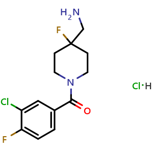 Chemical structure of 1-[1-(3-chloro-4-fluorobenzoyl)-4-fluoropiperidin-4-yl]methanamine hydrochloride , CAS 2173992-07-7, AChemBlock O33548