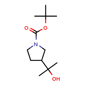 Chemical structure of tert-butyl 3-(2-hydroxypropan-2-yl)pyrrolidine-1-carboxylate , CAS 1357923-35-3, AChemBlock O33558