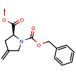 Chemical structure of 1-benzyl 2-methyl (2S)-4-methylidenepyrrolidine-1,2-dicarboxylate , CAS 200184-60-7, AChemBlock O33577