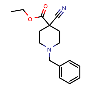 Chemical structure of ethyl 1-benzyl-4-cyanopiperidine-4-carboxylate , CAS 123730-67-6, AChemBlock O33579