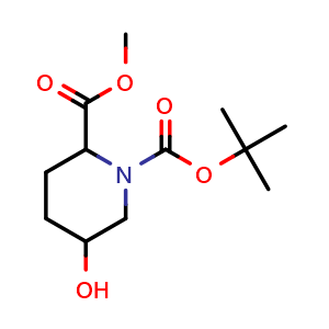 Chemical structure of 1-(tert-butyl) 2-methyl 5-hydroxypiperidine-1,2-dicarboxylate , CAS 1822538-74-8, AChemBlock O33612