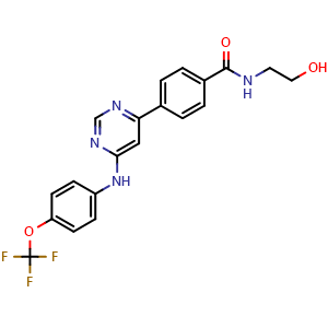 Chemical structure of N-(2-hydroxyethyl)-4-(6-((4-(trifluoromethoxy)phenyl)amino)pyrimidin-4-yl)benzamide , CAS 778274-97-8, AChemBlock O33933