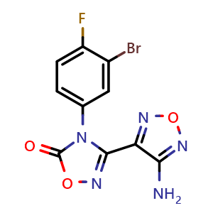 Chemical structure of 3-(4-Amino-1,2,5-oxadiazol-3-yl)-4-(3-bromo-4-fluorophenyl)-1,2,4-oxadiazol-5(4H)-one , CAS 914471-43-5, AChemBlock O33990