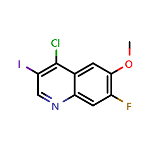 Chemical structure of 4-Chloro-7-fluoro-3-iodo-6-methoxy-quinoline , CAS 1602859-53-9, AChemBlock O34050