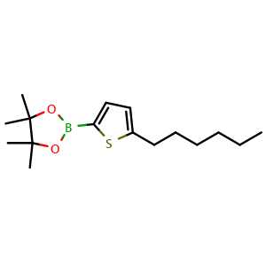 Chemical structure of 2-(5-hexylthiophen-2-yl)-4,4,5,5-tetramethyl-1,3,2-dioxaborolane , CAS 917985-54-7, AChemBlock O34056
