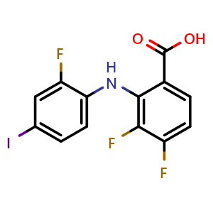 Chemical structure of 2-(2-Fluoro-4-iodoanilino)-3,4-difluorobenzoic Acid , CAS 391211-97-5, AChemBlock O34183