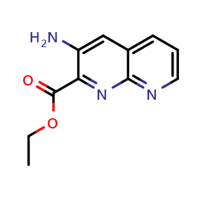 Chemical structure of 3-Amino-[1,8]naphthyridine-2-carboxylic acid ethyl ester , CAS 2173991-71-2, AChemBlock O34213