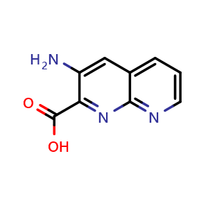 Chemical structure of 3-Amino-[1,8]naphthyridine-2-carboxylic acid , CAS 2173992-50-0, AChemBlock O34215