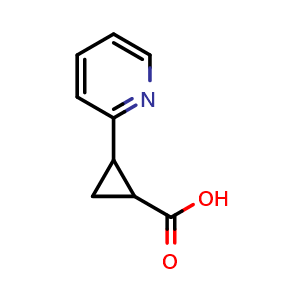 Chemical structure of 2-(Pyridin-2-yl)cyclopropanecarboxylic acid , CAS 90563-75-0, AChemBlock O34337