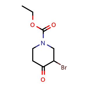 Chemical structure of 3-bromo-4-oxo-1-ethoxycarbonyl-piperidine , CAS 95629-02-0, AChemBlock P34822
