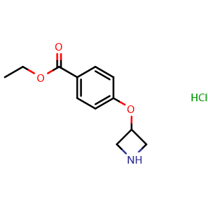 Chemical structure of 4-(Azetidin-3-yloxy)benzoic acid ethyl ester hydrochloride , CAS 1243389-18-5, AChemBlock P34835
