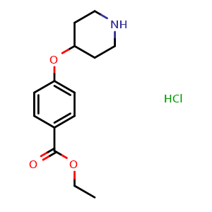 Chemical structure of 4-(4-Piperidinyloxy)benzoic acid ethyl ester hydrochloride , CAS 950649-15-7, AChemBlock P34867