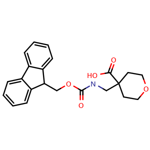 Chemical structure of Fmoc-4-(aminomethyl)-oxan-4-carboxylic acid , CAS 946716-29-6, AChemBlock P34897