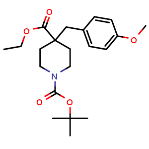 Chemical structure of 1-Boc-4-ethylcarboxy-4-(4-methoxybenzyl)piperidine , CAS 932710-58-2, AChemBlock P35031