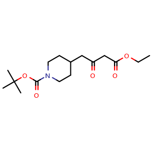 Chemical structure of 1-Boc-b-oxo-4-piperidinebutanoic acid ethyl ester , CAS 916791-39-4, AChemBlock P35102