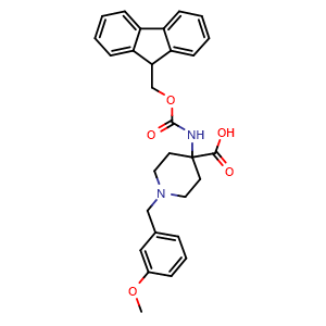 Chemical structure of 4-(Fmoc-NH2)-1-(3-MeO-benzyl)-4-carboxypiperidine , CAS 916421-86-8, AChemBlock P35120