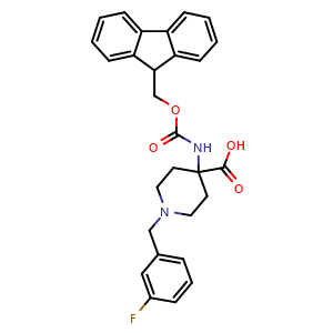 Chemical structure of 4-(Fmoc-amino)-1-(3-F-benzyl)-4-carboxypiperidine , CAS 916421-80-2, AChemBlock P35123