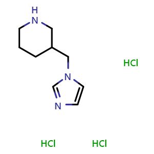 Chemical structure of 3-(1H-Imidazol-1-ylmethyl)piperidine trihydrochloride , CAS 915921-71-0, AChemBlock P35132