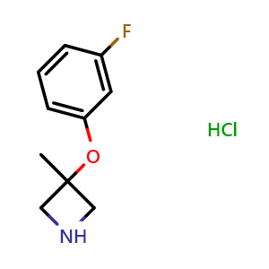 Chemical structure of 3-(3-Fluorophenoxy)-3-methyl-azetidine hydrochloride , CAS 900511-76-4, AChemBlock P35284